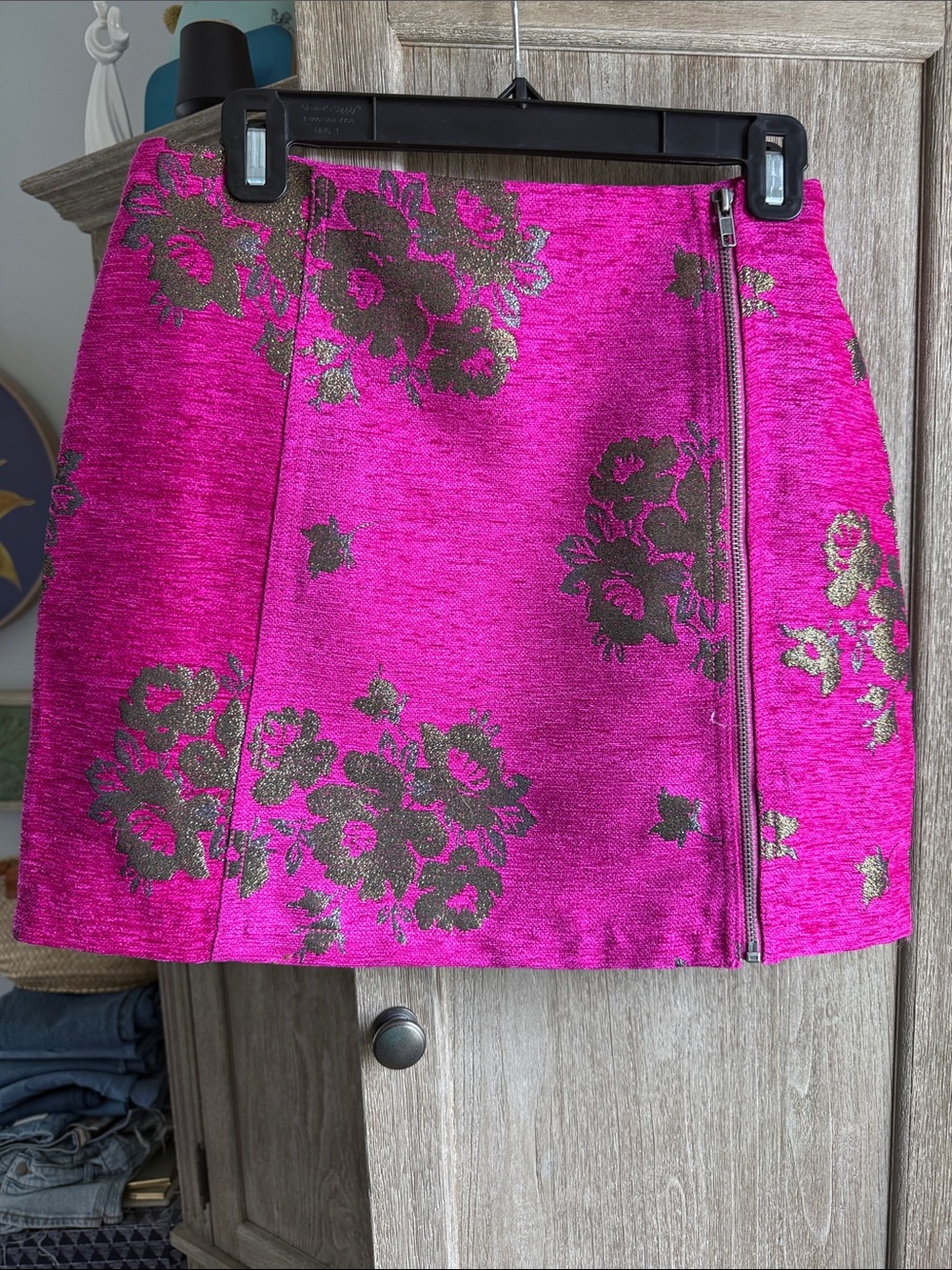 Free People Metallic Floral Hot Pink Jacquard Mini Skirt